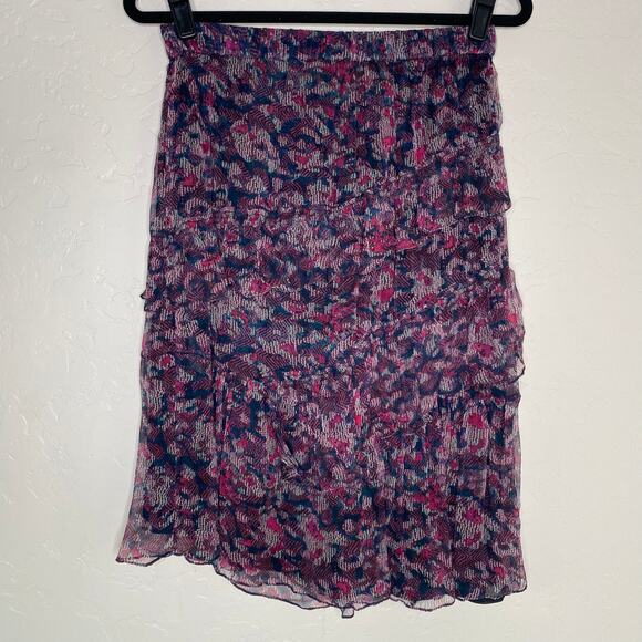 IRO Abstract Reef Asymmetric Tiered Printed Crepon Skirt in Midnight Blue FR 36 - Picture 11 of 12